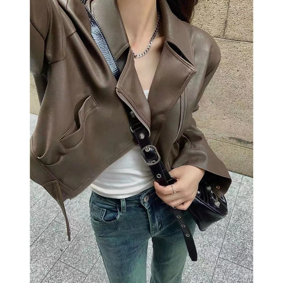 2025新款美式复古棕色皮衣外套女港风春秋宽松百搭机车服夹克上衣