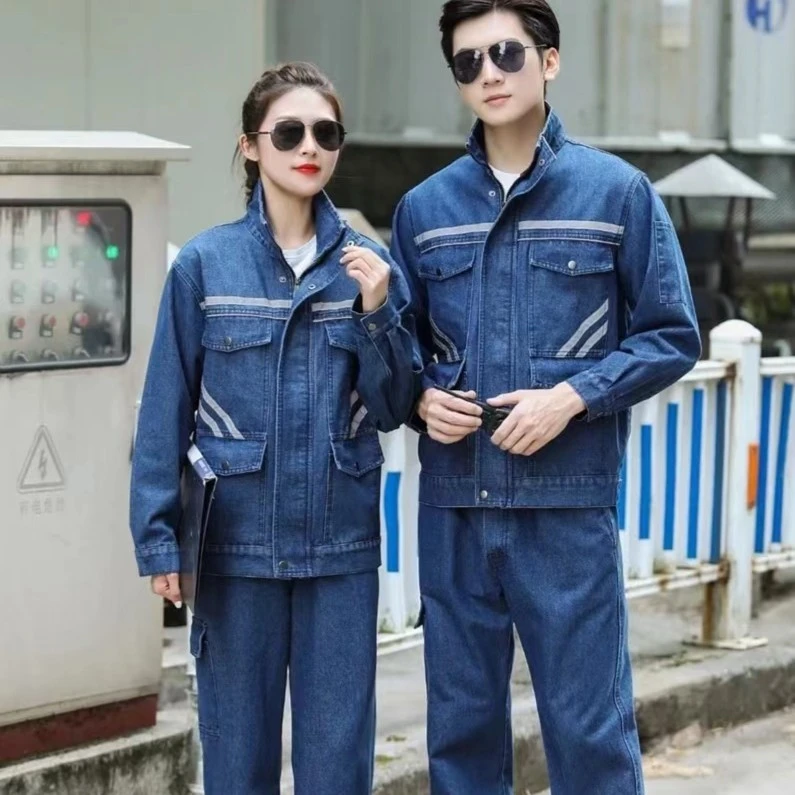 加厚牛仔反光条立领汽修多口袋耐磨防烫电焊工地劳保服套装春秋