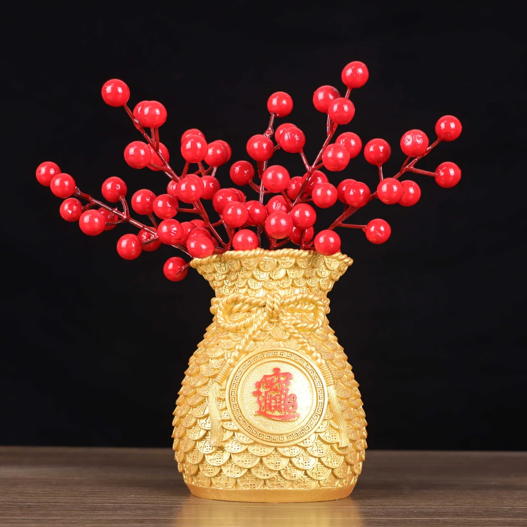 中式花瓶桌面工艺品过节喜庆红果福袋装饰品客厅玄关店铺公司摆设