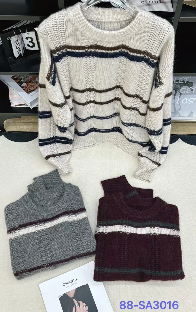 【3016】MB条纹层次感镂空撞色毛衣