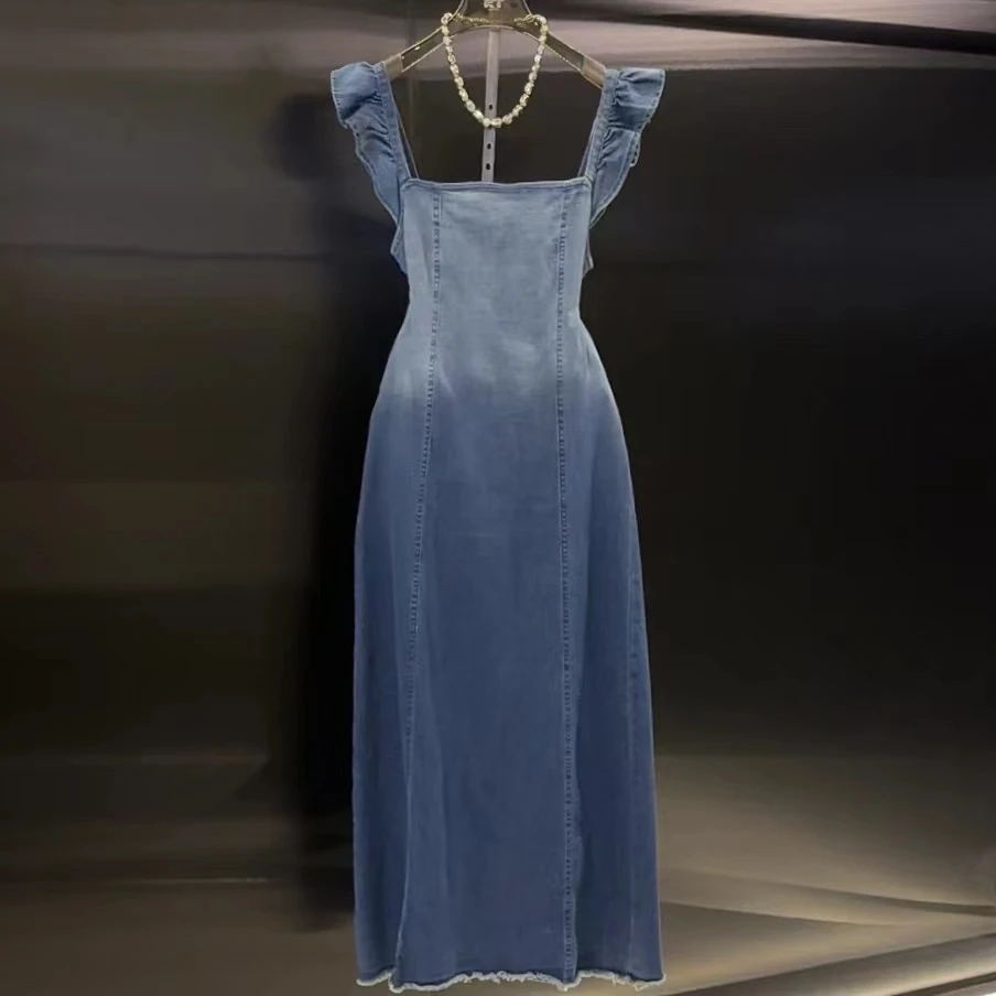 roiltrou{编码76}气质轻奢飞飞袖复古显瘦牛仔连衣裙XL03041