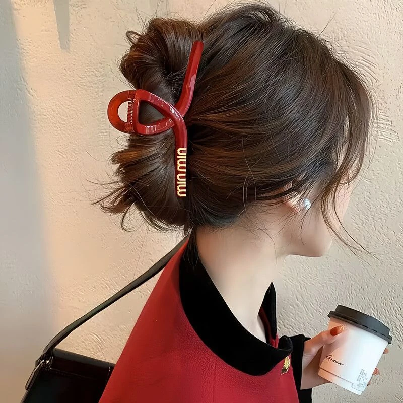 酒红色复古抓夹女大号高级感新年发夹后脑勺头饰网红圣诞鲨鱼夹子