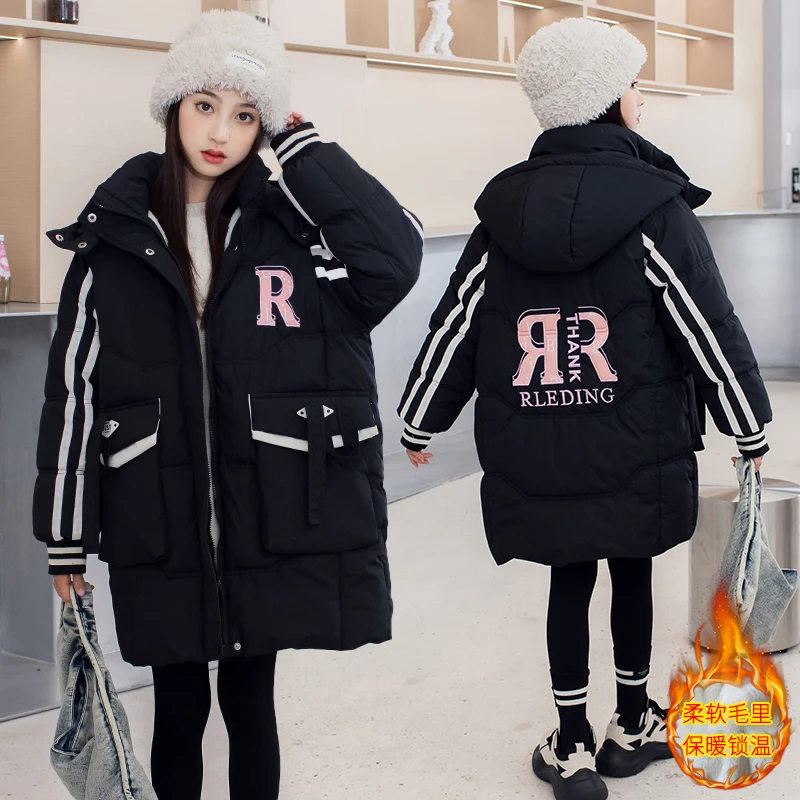 女童女大童新保暖棉服加厚棉衣仿兔毛中大童冬季宽松时尚外套冬款