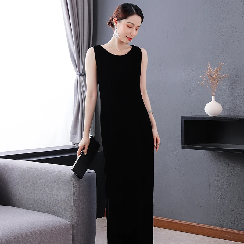 三重门嘉莉*丝绒中式背心连衣裙日常中国风黑色经典百搭长款女