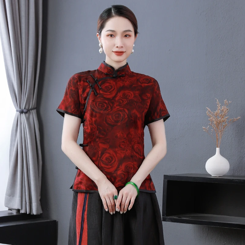 三重门玫瑰香记* 真丝香云纱中式唐装上衣日常修身中国风休闲复古