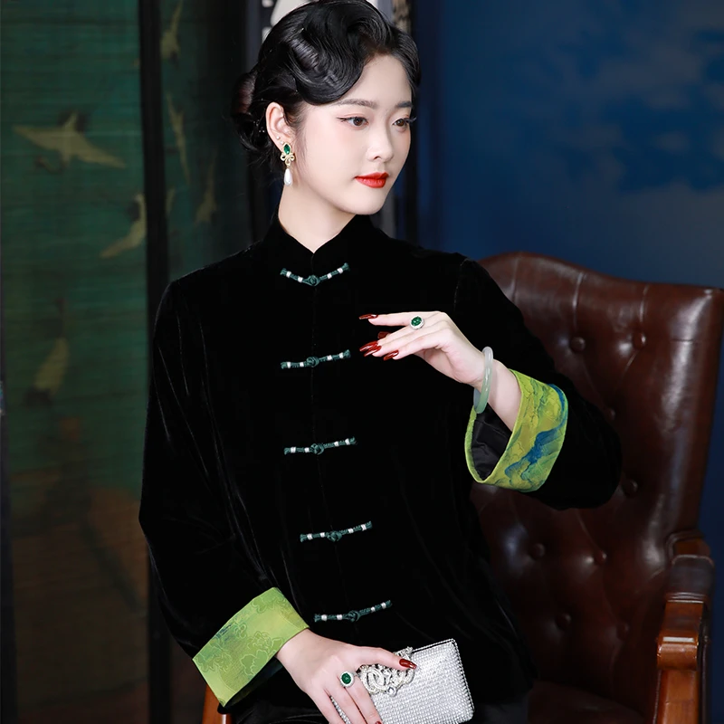 三重门新子吟*秋季丝绒中国风外套高端上衣黑色开衫女日常休闲款
