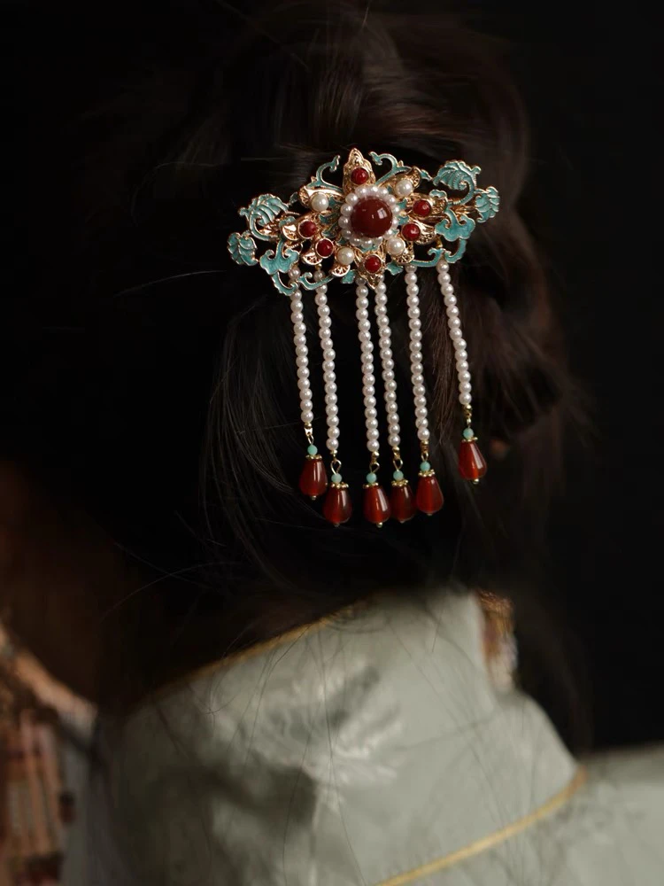 原创古风汉服头饰 复古宋制明制烧蓝后压簪 夹子新娘服饰红色压鬓