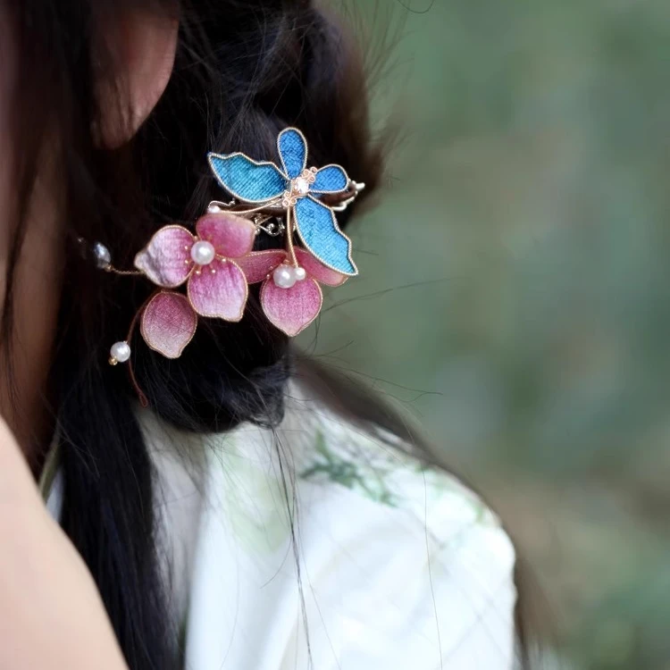 国风蓝色蝴蝶粉色花朵夹 手工掐丝发夹旗袍配饰 精致小边夹清汉女