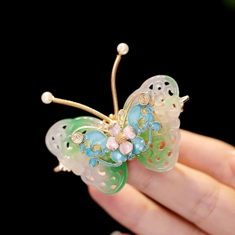 思华年 原创汉服烧蓝玉石雕刻蝴蝶温柔古风复古旗袍发夹钗 侧边夹