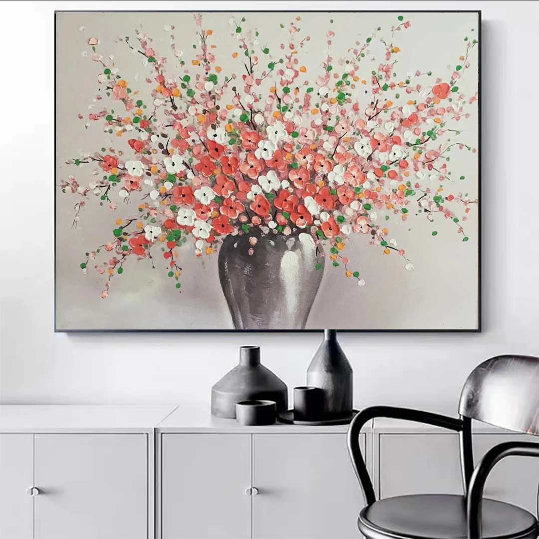 红色梅花 |红花朵餐厅画单幅立体手绘砂岩添笔油画轻奢装饰画