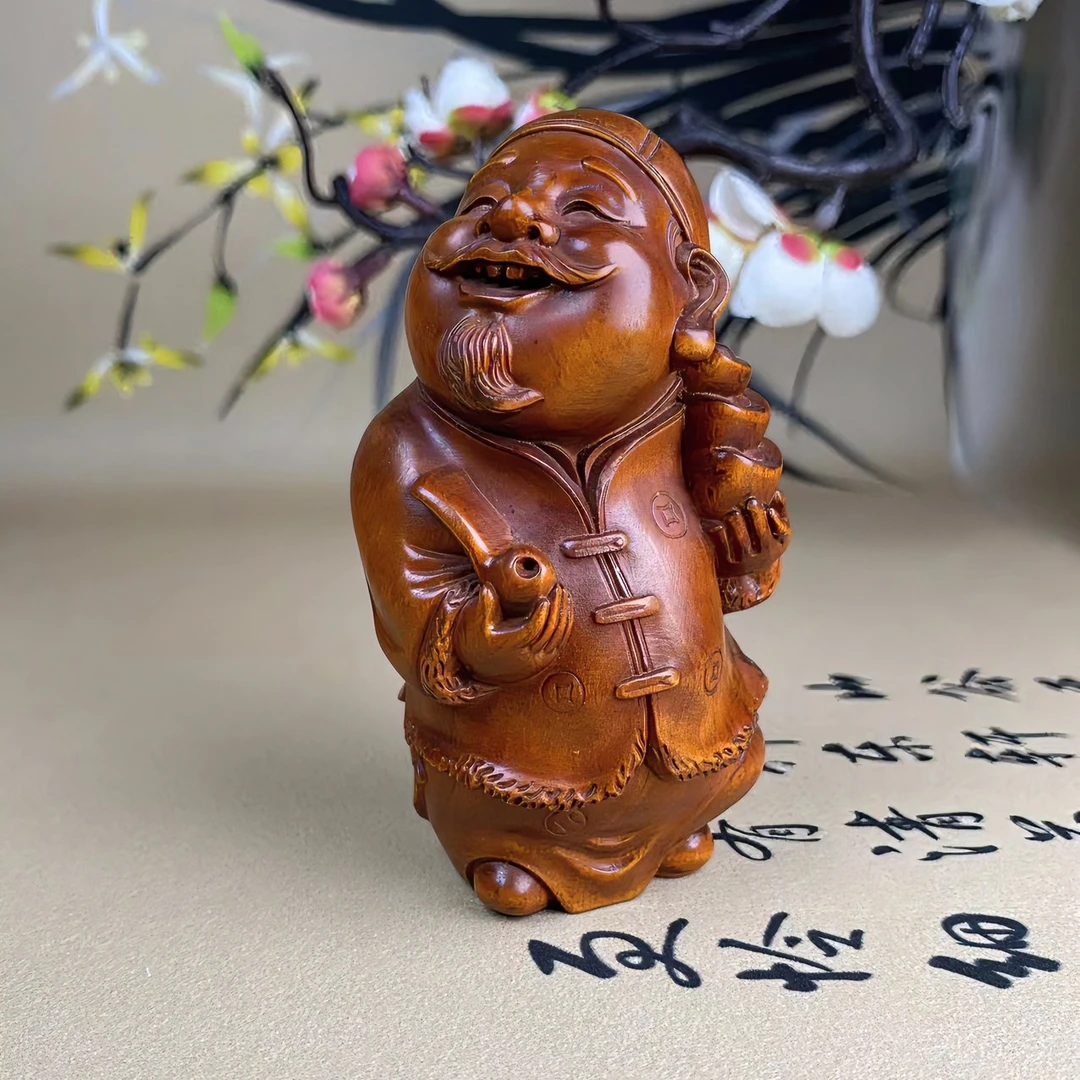 小叶黄杨木仿古（烟斗地主）非遗文化工艺手拿烟斗地主木雕手把件