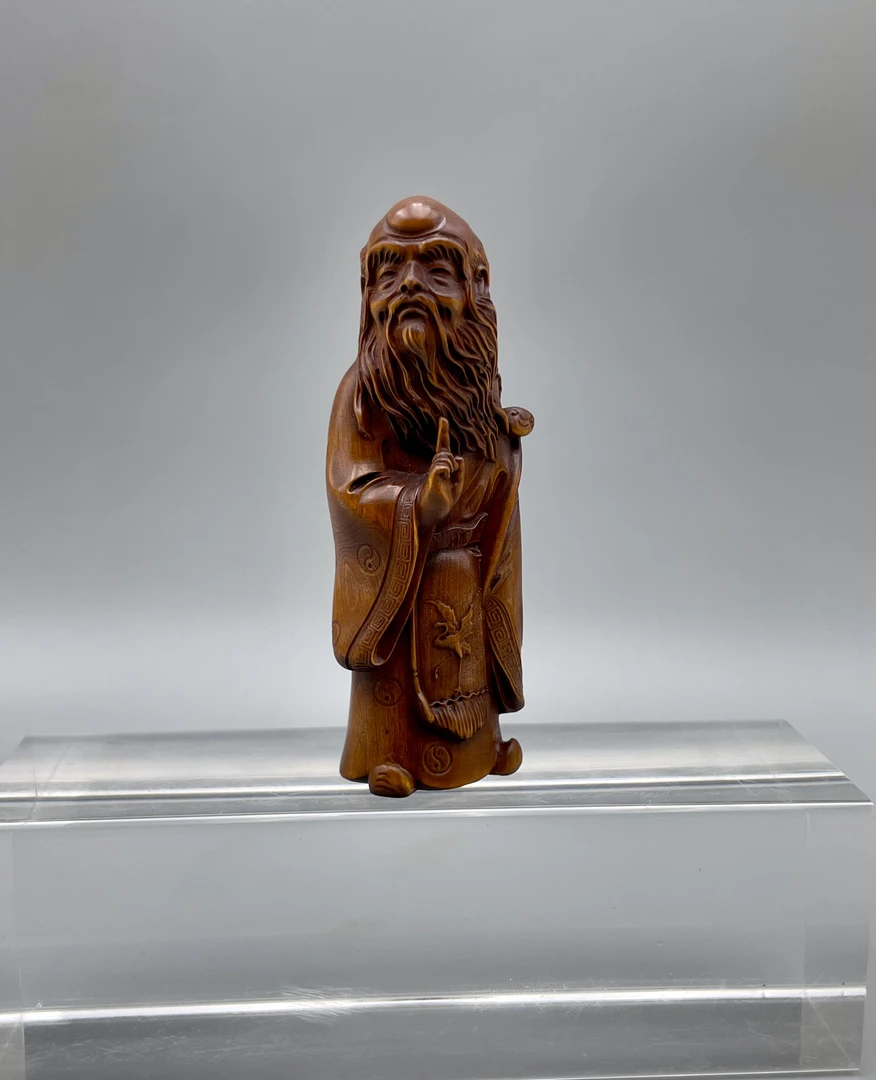 小叶黄杨木仿古木雕（老子问天）高度10，口径4