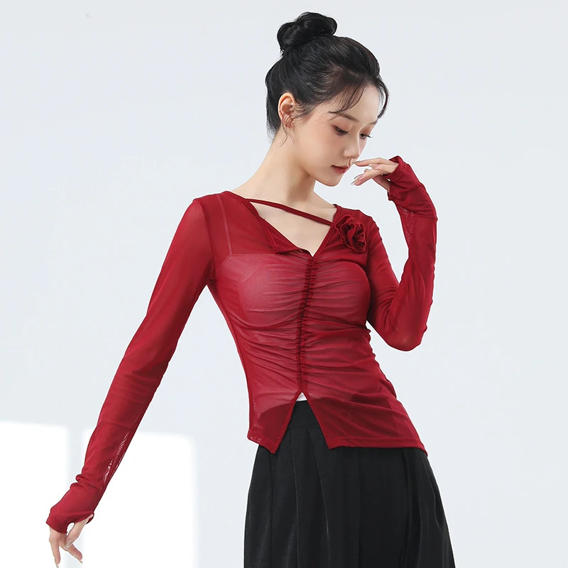 现代舞成人舞蹈服女设计感夏季新款网纱日常练功服修身古典舞上衣