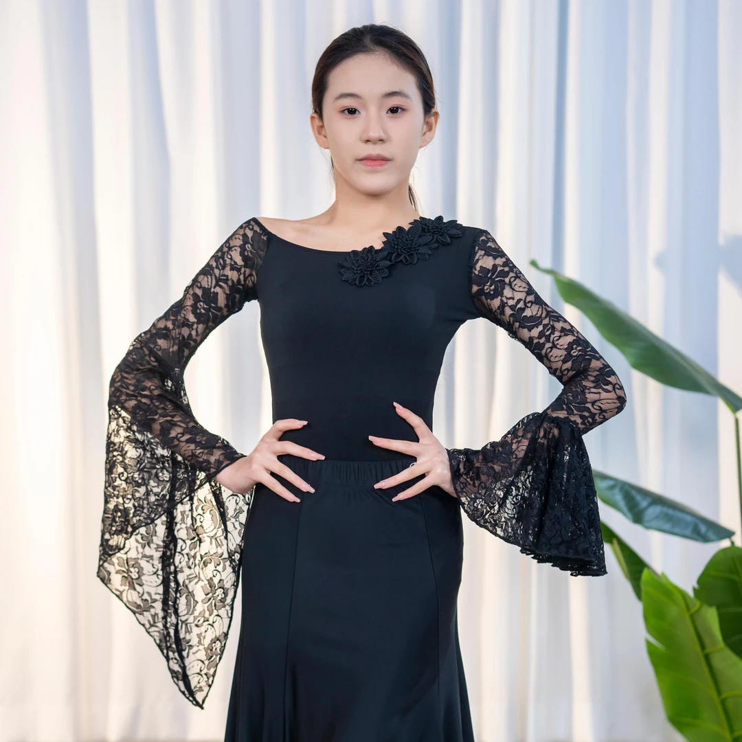 摩登舞上衣新款女款连体衣立体蕾丝交谊舞长袖国标舞广场舞舞蹈服