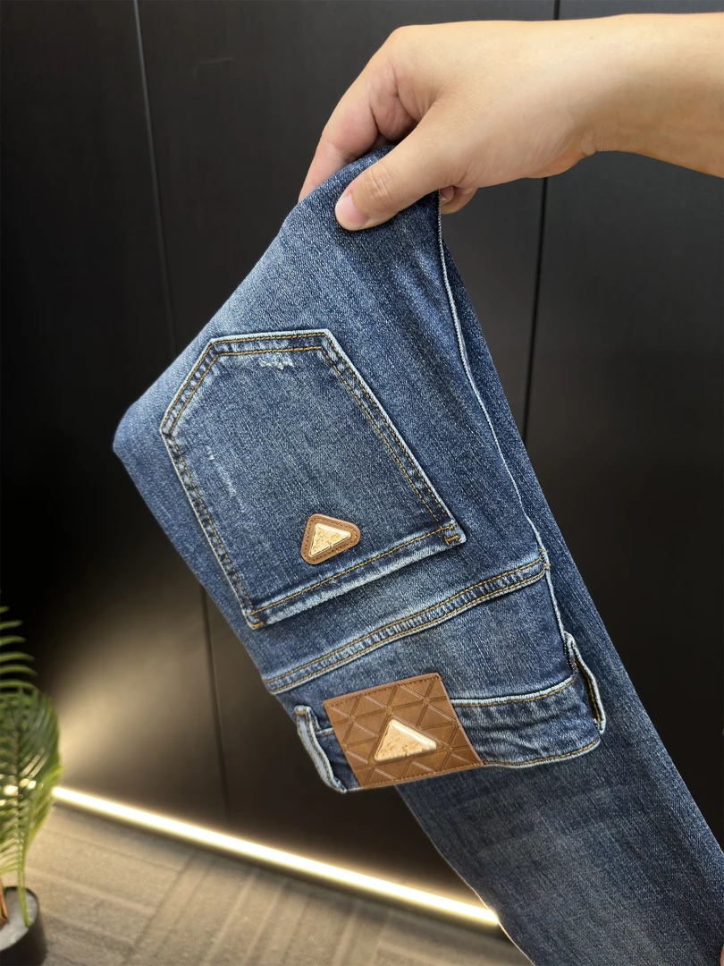 【KC专属】秋冬新品经典蓝三角标男牛仔裤子高端轻奢弹力修身小直筒