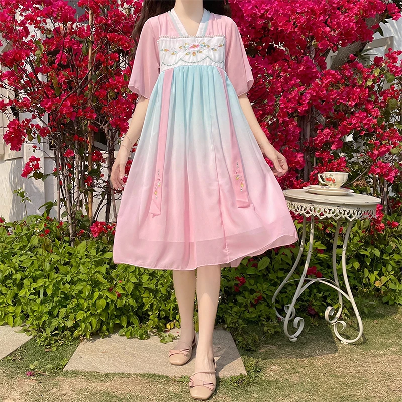 少女汉服连衣裙初高中小学生夏季女孩中国风古装夏天超仙雪纺裙子