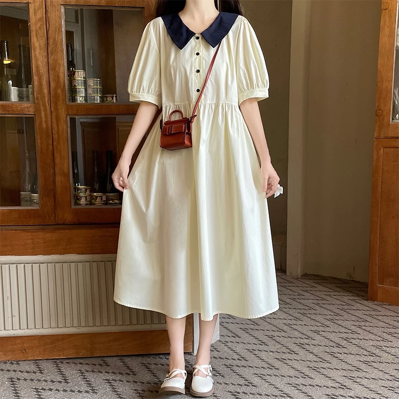 少女2025温柔风气质连衣裙女夏新款学院风娃娃领收腰显瘦中长裙子