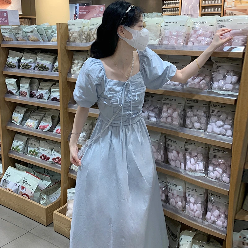 茶歇法式连衣裙女夏季方领泡泡袖气质甜美森系仙女温柔风初恋长裙