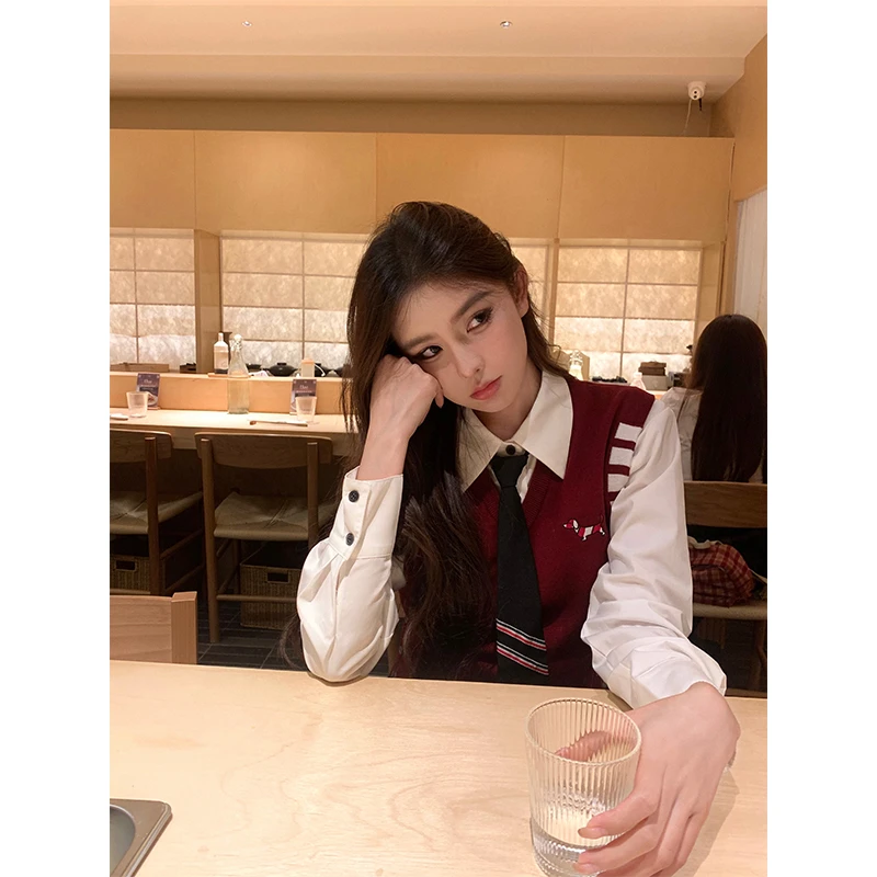 现货 英伦学院风JK制服套装女秋季针织背心马甲+白衬衫两件套