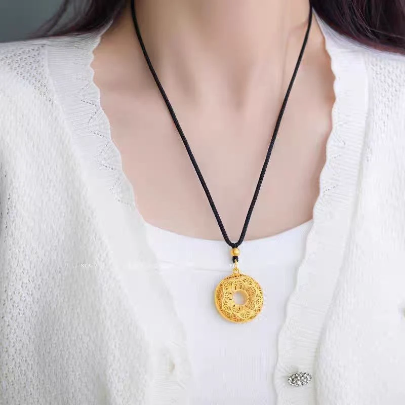 铜合金布艺项链 抽绳款花丝镂空平安扣女款双面项链60厘米长