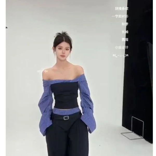 2025早秋新款轻熟风时尚一字肩设计感长袖衬衫休闲辣妹撞色上衣女