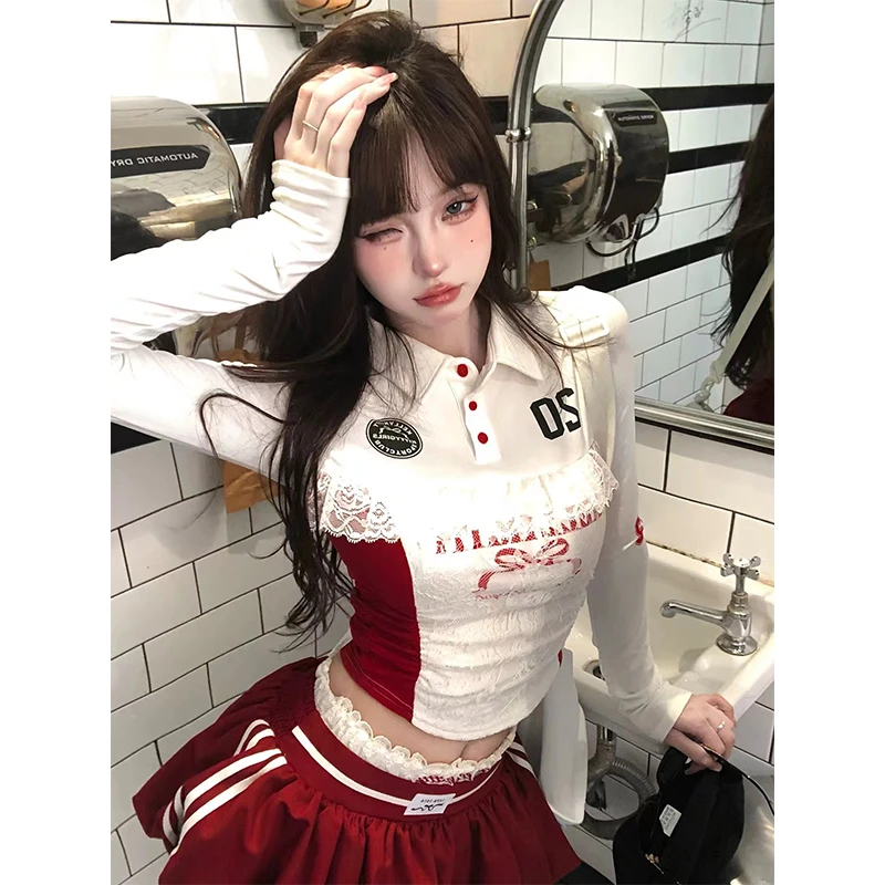 【校园甜心】美式复古设计感蕾丝POLO领长袖T恤上衣休闲辣妹半身裙