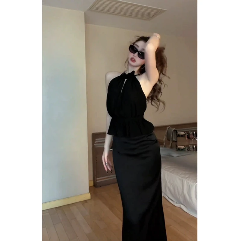 2025夏季新款设计感高级小众上衣女性感辣黑色高级感无袖吊带背心