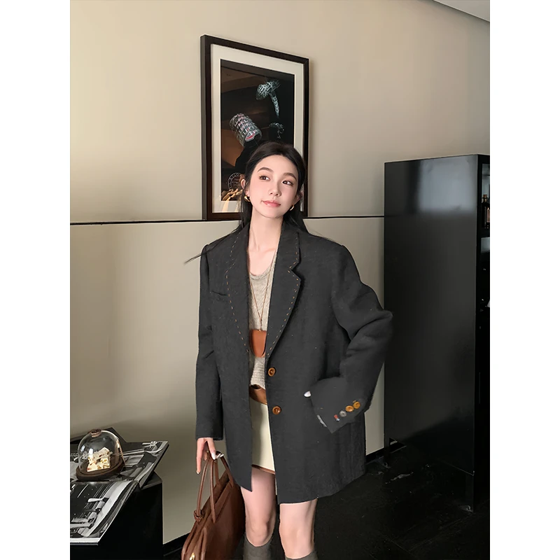 秋季韩系慵懒风设计感灰色小香风西装外套女休闲百搭翻领廓形上衣