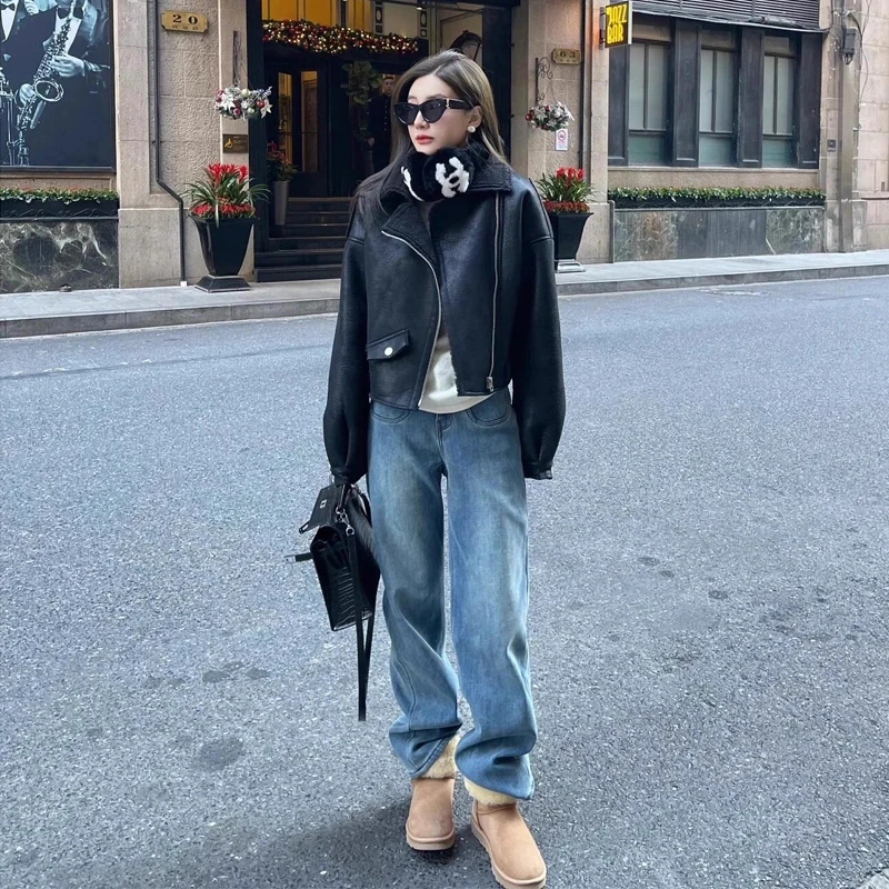 2026秋冬高级感拉链设计感挡风保暖皮衣外套女时尚高腰水洗阔腿裤