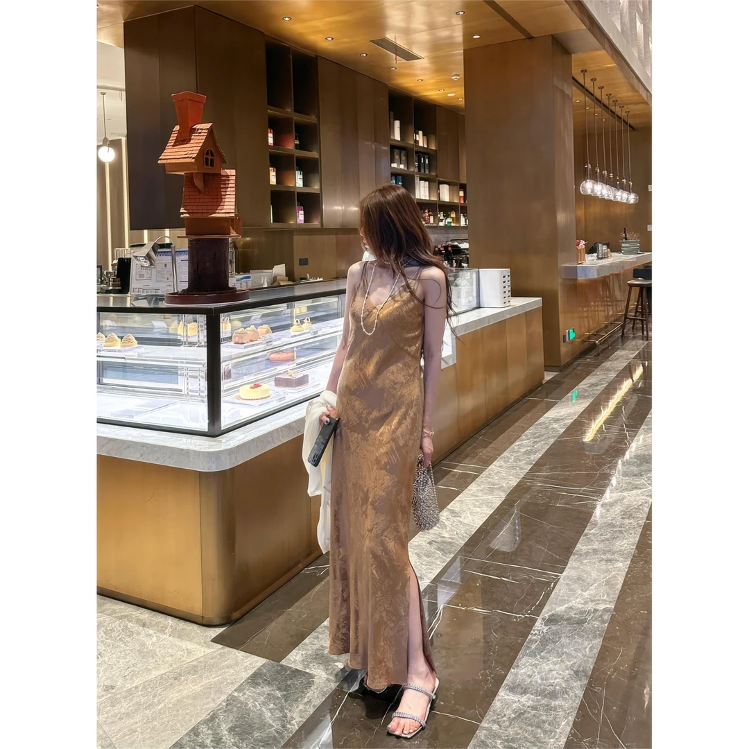 【YANG】显瘦气质中国风人丝人棉提花双开叉吊带连衣裙气质YY-191