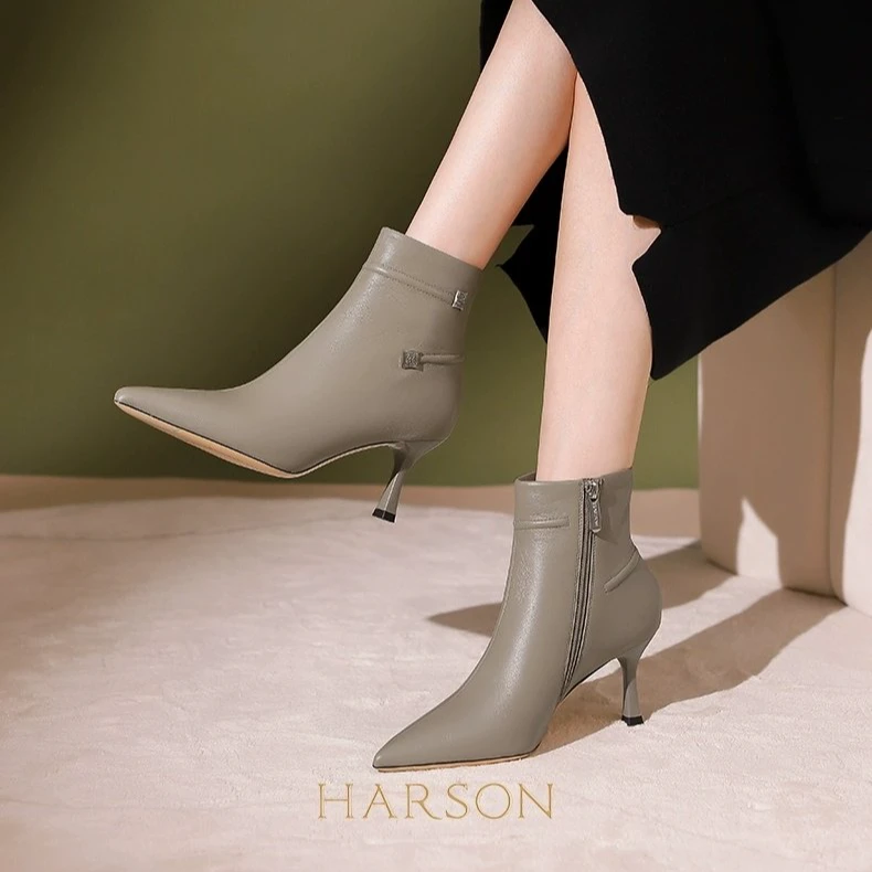 哈森法式气质尖头细跟踝靴秋冬新款时装靴优雅短筒女靴 HWA230112