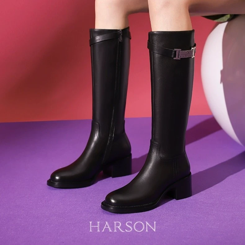 哈森粗跟长靴女秋冬新款不过膝高跟牛皮骑士靴高筒女靴 HWA230160