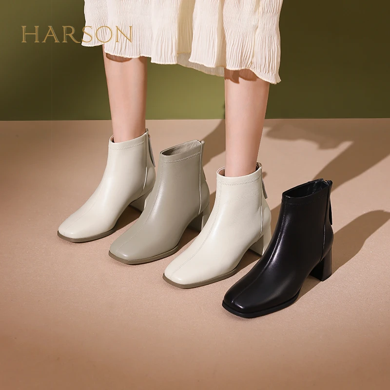哈森秋冬新款方头时装短靴百搭羊皮靴子气质通勤瘦瘦靴 HWA230117