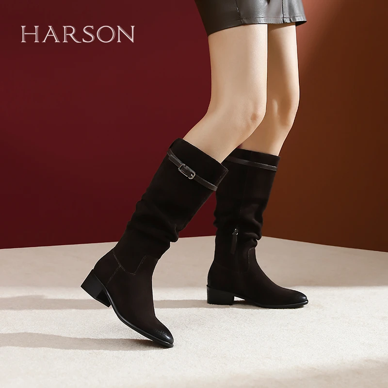 哈森黑色绒面过膝靴女2025秋冬新款高筒堆堆靴粗跟长靴HWA240106