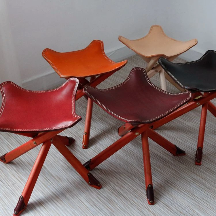 新款头层牛皮家用实木小马扎折叠凳树膏皮户外休闲钓鱼凳可拆卸椅