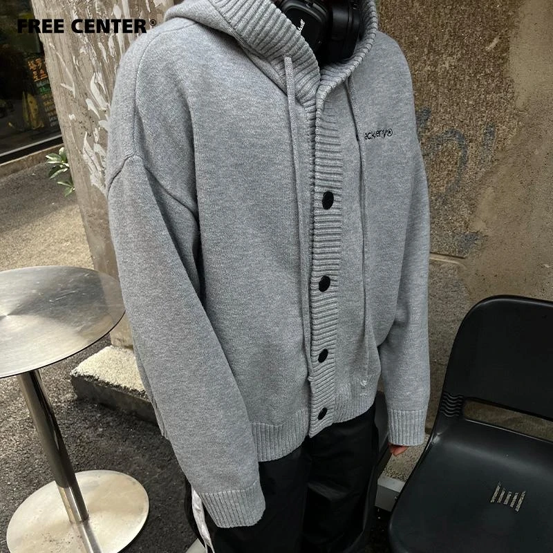 Free Center2024 冬季新款bf原创宽松情侣连帽针织衫外套美式复古