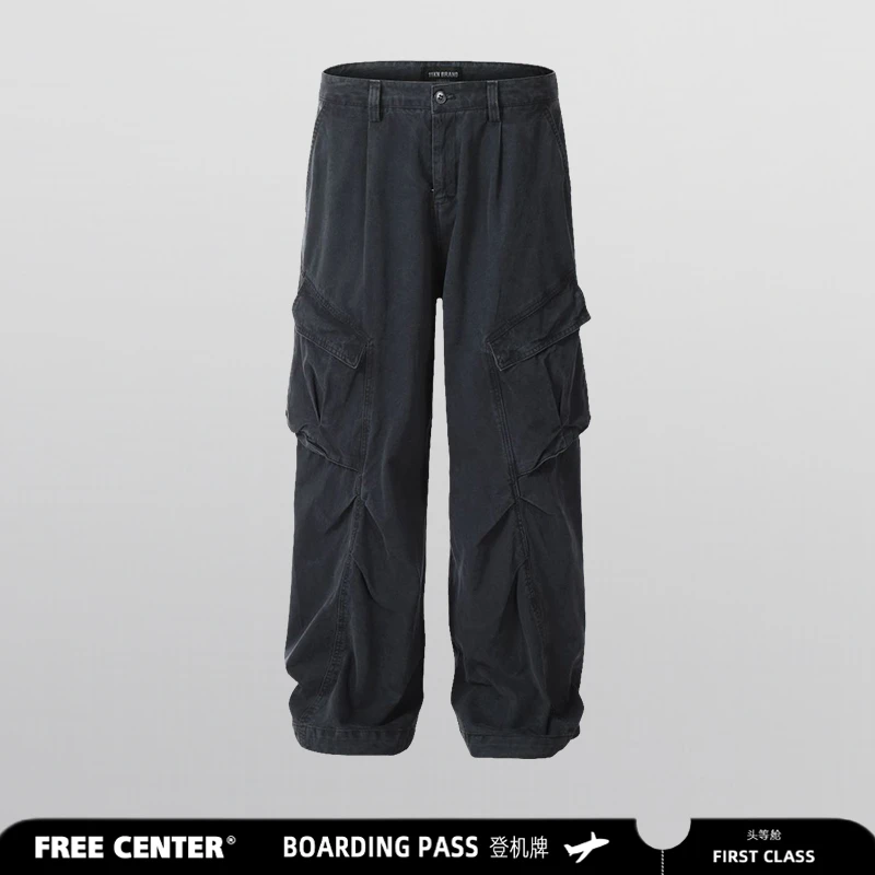 Free Center 美式复古多口袋工装裤男女阔腿裤宽松直筒百搭长裤子