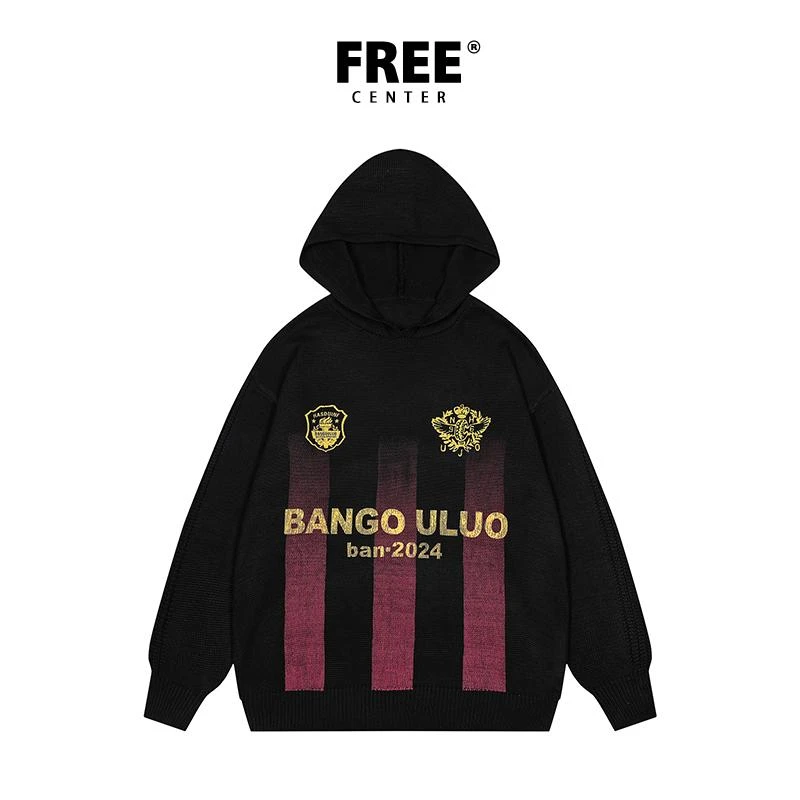 Free Center女软糯连帽条纹字母提花百搭针织衫外套情侣潮牌街头