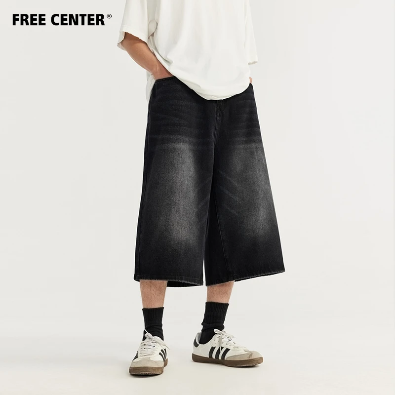FREECENTER美式复古高街阔腿七分裤男女夏季宽松休闲百搭牛仔裤潮