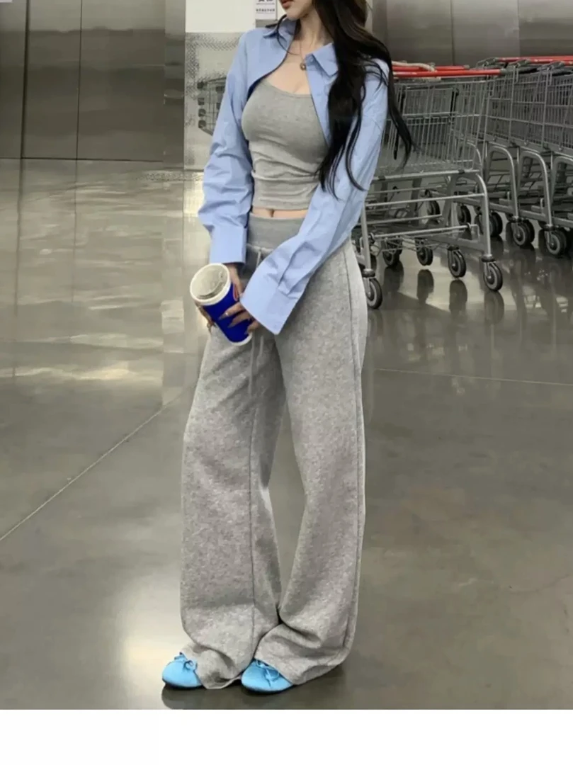 美式辣妹休闲慵懒风短款防晒长袖衬衫吊带背心垂感阔腿裤三件套