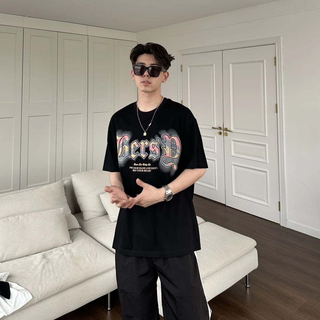 【宇泽】夏季国潮T恤宽松短袖字母圆领T恤潮流港风百搭个性C76601