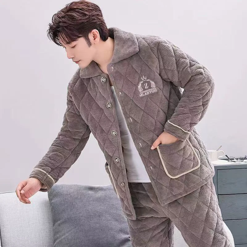 冬季加厚加绒男士睡衣冬季三层夹棉珊瑚绒法兰绒保暖家居服套装