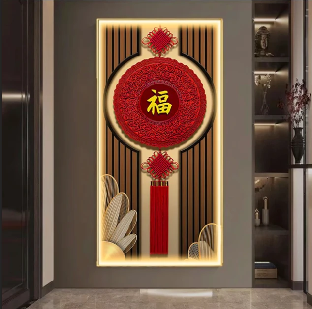 中式玄关画现代轻奢高档晶瓷画入户门挂画烤瓷镶钻高清灯光装饰画