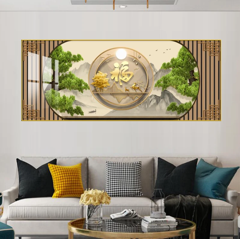 新中式福字入户玄关装饰画现代简约走廊过道挂画晶瓷镶钻装饰画