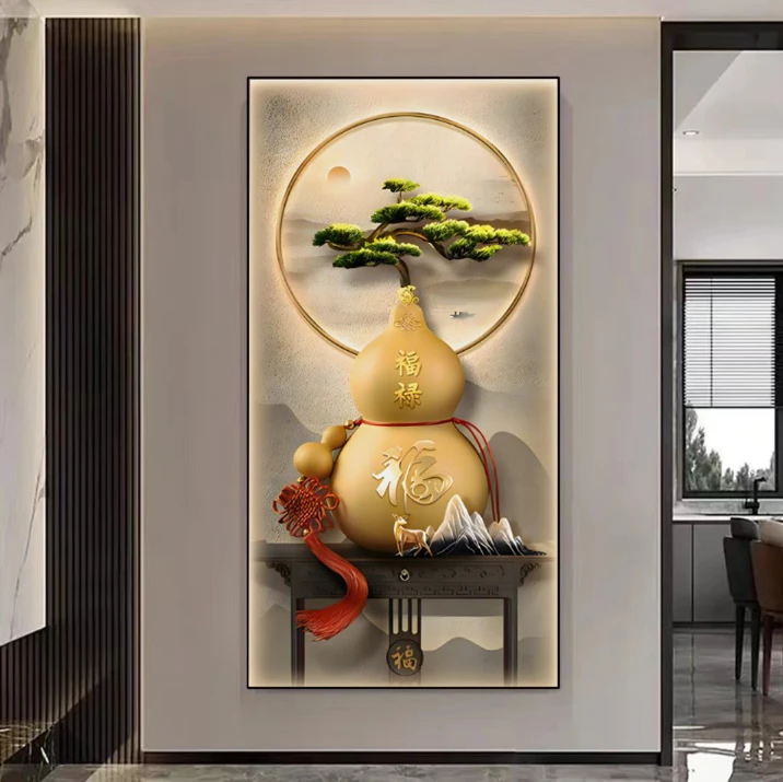 新中式五福临门入户玄关画走廊过道简约大气立体风格镶钻装饰挂画