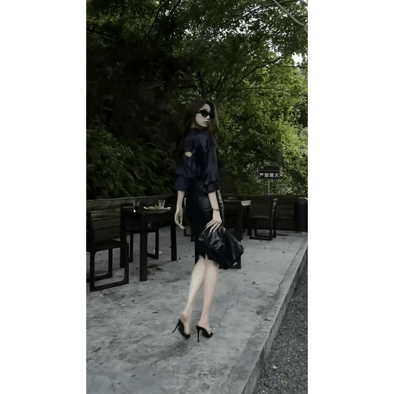 2024秋季简约时尚轻职风时尚显瘦衬衫上衣设计开叉黑色包臀半身裙