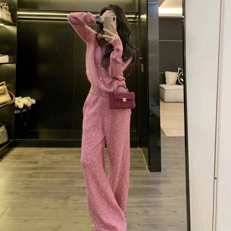 2024秋冬新款时尚韩系洋气减龄设计感长袖针织开衫高腰休闲阔腿裤