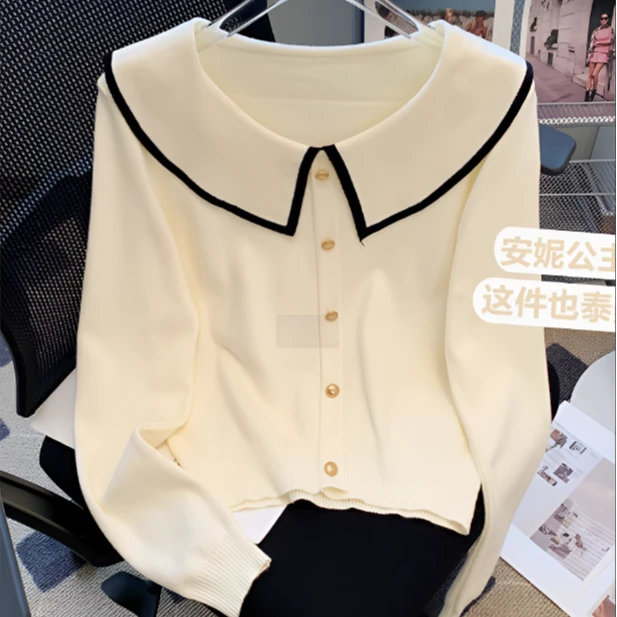 2024新款时尚气质减龄娃娃领拼接撞色显瘦洋气百搭小香风针织上衣