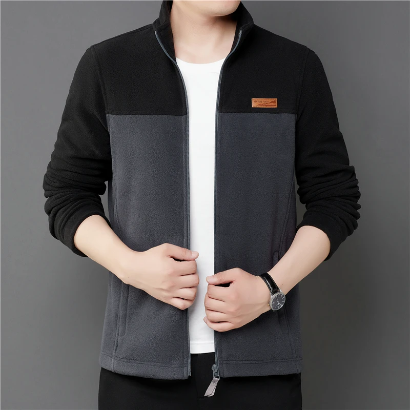 外贸原单男士双色拼接摇粒绒外套夹克双面绒保暖外套