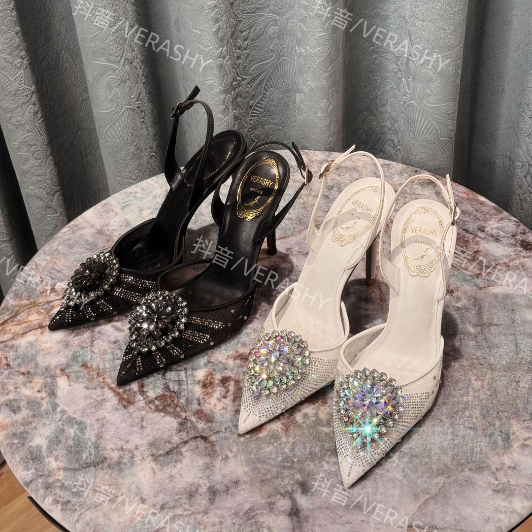 【清仓水晶冰花】夏季网纱水晶鞋蕾丝包头凉鞋女尖头细跟水钻高跟鞋